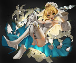 Rule 34 | 1girl, :d, absurdres, aestus estus, ahoge, blonde hair, blush, boots, breasts, cleavage, commentary request, detached sleeves, fate/grand order, fate (series), flower, full body, gloves, green eyes, hair between eyes, hair intakes, hand up, head tilt, high heel boots, high heels, highres, holding, holding sword, holding weapon, juliet sleeves, large breasts, leotard, long hair, long sleeves, looking at viewer, nero claudius (bride) (fate), nero claudius (bride) (second ascension) (fate), nero claudius (fate), nero claudius (fate) (all), open mouth, puffy sleeves, round teeth, scottie (phantom2), shoe soles, sidelocks, smile, solo, stiletto boots, stiletto heels, strapless, strapless leotard, sword, teeth, thigh boots, thighhighs, upper teeth only, weapon, white flower, white footwear, white gloves, white leotard, white sleeves, white thighhighs, wide sleeves, zipper pull tab