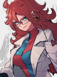 Rule 34 | 1girl, android 21, blue eyes, breasts, checkered clothes, checkered dress, closed mouth, dragon ball, dragon ball fighterz, dress, earrings, glasses, grey background, hair between eyes, hoop earrings, jewelry, kemachiku, lab coat, long hair, long sleeves, looking at viewer, medium breasts, red hair, red ribbon army, sketch, smile, solo, upper body