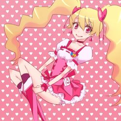Rule 34 | 00s, 1girl, bad id, bad pixiv id, blonde hair, boots, bow, choker, corset, cure peach, earrings, floating, fresh precure!, frilled skirt, frills, hair ornament, hairpin, hand on thigh, heart, heart background, heart hair ornament, irisu-chan (yumemiruk), jewelry, knee boots, long hair, looking at viewer, magical girl, momozono love, pink background, pink bow, pink eyes, pink footwear, precure, skirt, smile, solo, thigh boots, thighhighs, twintails, very long hair, wrist cuffs