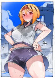 Rule 34 | 1girl, armpits, blonde hair, blue sky, blush, copyright request, empty pool, gym uniform, hairband, hands on own hips, highres, midriff peek, original, pool, sky, starting block, takayama toshinori, thick thighs, thighs, toned, wet, wet clothes