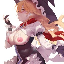 Rule 34 | 1girl, black gloves, black hat, black skirt, black vest, blonde hair, blue bow, blue ribbon, blush, bow, braid, breasts, breasts out, center frills, commentary request, cookie (touhou), cum, cum in mouth, cum on body, cum on breasts, cum on tongue, cum on upper body, frilled hat, frilled sleeves, frills, gloves, hair between eyes, hair bow, hat, jiyu (jiyusi), juliet sleeves, kirisame marisa, large breasts, long hair, long sleeves, looking at viewer, looking to the side, mars (cookie), nipples, open mouth, partially fingerless gloves, puffy sleeves, red scarf, ribbon, scarf, shirt, side braid, simple background, single braid, skirt, solo, tongue, tongue out, touhou, upper body, vest, white background, white shirt, witch hat, yellow eyes