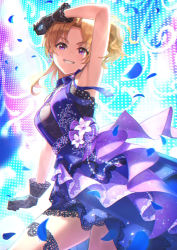 Rule 34 | 1girl, arm above head, armpits, black gloves, blonde hair, blue petals, breasts, commentary request, dress, earrings, frilled dress, frills, gloves, grin, highres, idolmaster, idolmaster cinderella girls, jewelry, kiryu tsukasa (idolmaster), lace, lace gloves, looking at viewer, medium breasts, otton, petals, purple dress, purple eyes, smile, solo