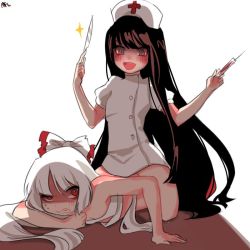 Rule 34 | 2girls, albino, alternate costume, black hair, blush, brown eyes, clenched teeth, fujiwara no mokou, hair ribbon, hat, houraisan kaguya, kneeling, long hair, looking at another, looking down, lying, multiple girls, no pants, nurse, nurse cap, on person, on stomach, open mouth, puffy sleeves, red eyes, ribbon, sarashi, scalpel, sexually suggestive, shaded face, short sleeves, signature, simple background, smile, sparkle, sweat, syringe, teeth, tis (shan0x0shan), touhou, white background, white hair