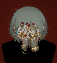 Rule 34 | 1boy, absurdres, avogado6, black shirt, bracelet, clenched teeth, covered face, covering own eyes, facing viewer, fingernails, hands up, highres, jewelry, multiple rings, nail art, nail polish, original, pinky ring, red background, red nails, ring, shirt, simple background, solo, teeth, thumb ring, upper body, watch, wristwatch