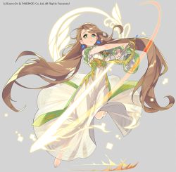 Rule 34 | 1girl, absurdly long hair, barefoot, brown hair, dress, earrings, full body, green eyes, grey background, jewelry, leg up, long hair, mansu, nail polish, parted lips, simple background, solo, swept bangs, sword, toenail polish, toenails, very long hair, watermark, weapon, white dress