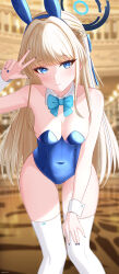 Rule 34 | 1girl, absurdres, animal ears, bare shoulders, blonde hair, blue archive, blue bow, blue eyes, blue hairband, blue leotard, blue nails, blurry, blurry background, bow, bowtie, braid, breasts, closed mouth, covered navel, detached collar, fake animal ears, gluteal fold, hairband, halo, hand up, highleg, highleg leotard, highres, huanyi huanhuanzi, indoors, leaning forward, leotard, long hair, medium breasts, official alternate costume, official alternate hairstyle, playboy bunny, rabbit ears, smile, thighhighs, thighs, toki (blue archive), toki (bunny) (blue archive), very long hair, w, white thighhighs, wrist cuffs