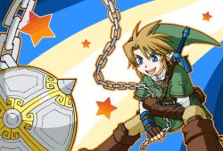 Rule 34 | 1boy, ball and chain (weapon), blonde hair, blue eyes, flail, gloves, link, mace, male focus, master sword, nintendo, pointy ears, smile, solo, spiked ball and chain, sword, the legend of zelda, the legend of zelda: twilight princess, weapon