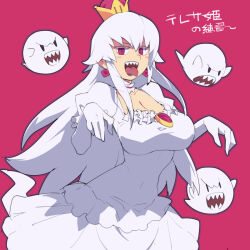 Rule 34 | 1girl, boo (mario), breasts, cleavage, commentary request, crown, dress, earrings, gloves, jewelry, large breasts, looking at viewer, mario (series), metata, new super mario bros. u deluxe, nintendo, open mouth, princess king boo, red background, red eyes, sharp teeth, simple background, solo, teeth, tongue, tongue out, translation request, upper teeth only, white dress, white gloves, white hair