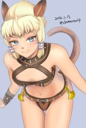 Rule 34 | 1girl, 2024, adventurer (ff11), animal ear fluff, animal ears, bare shoulders, bent over, blonde hair, blue eyes, bra, breasts, cat ears, cat girl, cat tail, chatarou bekkan, closed mouth, cowboy shot, dated, eyelashes, facial mark, final fantasy, final fantasy xi, grey background, hair tubes, highres, looking at viewer, medium breasts, mithra (ff11), navel, no eyebrows, panties, short bangs, short hair, smile, solo, tail, thigh gap, thighs, twitter username, underwear, whisker markings