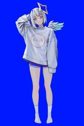 Rule 34 | 1girl, alternate costume, amane kanata, angel, arm behind head, blue background, blue eyes, blue hair, blue shorts, bob cut, clothes writing, colored inner hair, feathered wings, full body, grey hair, gym shorts, halo, head tilt, highres, hololive, legs, looking at viewer, multicolored hair, no shoes, pink eyes, short hair, short shorts, shorts, simple background, single hair intake, sleeves past fingers, sleeves past wrists, smile, socks, solo, standing, star halo, straight-on, streaked hair, sweater, vertigris, virtual youtuber, virtual youtuber, white socks, wings