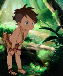 Rule 34 | 1boy, anklet, bag, barefoot, blue eyes, bug, butterfly, caterpillar, child, feet, flower, forest, highres, insect, jewelry, leaning forward, male focus, musical note, nature, navel, nemui (nemuriyagi), open mouth, original, outdoors, plant, shoulder bag, solo, tan, topless male, tree, tribal, undercut, vines