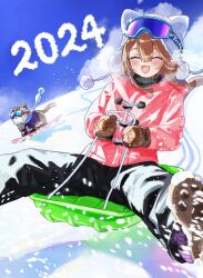 Rule 34 | 1girl, 2024, :d, ^ ^, animal, animal ears, animal hat, arin (1010 ssu), beanie, black pants, blue sky, boots, braid, brown hair, brown mittens, can (honkai impact), closed eyes, clothed animal, clothes writing, cloud, commentary request, day, fake animal ears, fang, goggles, goggles on headwear, grey sweater, hat, highres, honkai (series), honkai impact 3rd, jacket, long hair, mittens, nyan, open mouth, outdoors, pants, pardofelis (honkai impact), pink jacket, ribbed sweater, romaji text, shoe soles, ski goggles, sky, sled, smile, snow, snowboard, sweater, toboggan, turtleneck, turtleneck sweater, twin braids, twitter username, white headwear