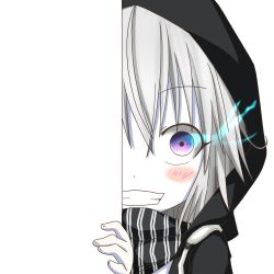 Rule 34 | 10s, 1girl, abyssal ship, colored skin, glowing, glowing eyes, grin, hood, hooded jacket, jacket, kantai collection, looking at viewer, nagineko, pale skin, peeking out, purple eyes, re-class battleship, scarf, silver hair, smile, solo, transparent background, white skin