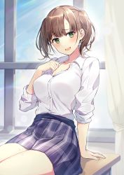 Rule 34 | 1girl, :d, blue skirt, blush, breasts, brown hair, collared shirt, commentary request, curtains, dress shirt, green eyes, indoors, large breasts, long sleeves, looking at viewer, open mouth, original, partially unbuttoned, plaid, plaid skirt, ringozaka mariko, shirt, short hair, sitting, skirt, smile, solo, sweat, twintails, white shirt, window