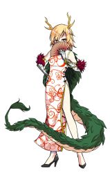 Rule 34 | 1girl, alternate costume, animal print, antlers, black footwear, blonde hair, breasts, butterfly print, china dress, chinese clothes, commentary request, dragon girl, dragon horns, dragon tail, dress, elbow gloves, floral print, gloves, hand fan, hand on own hip, high heels, highres, holding, holding fan, horns, kicchou yachie, patterned clothing, pelvic curtain, red eyes, short hair, side slit, simple background, small breasts, standing, tail, touhou, turtle shell, usezgps55fo9fas, white background, white dress