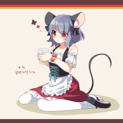 Rule 34 | 1girl, alternate costume, animal ears, bare shoulders, blush, bracelet, cup, dated, dress, grey hair, highres, jewelry, kozakura (dictionary), mouse ears, mouse tail, nazrin, pantyhose, red eyes, short hair, simple background, solo, tail, touhou, white pantyhose