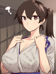 Rule 34 | 10s, 1girl, ?, blew andwhite, breasts, brown eyes, brown hair, changing room, cleavage, closed mouth, handprint, hands on own chest, highres, japanese clothes, kaga (kancolle), kantai collection, large breasts, looking at viewer, open clothes, short sleeves, side ponytail, solo, upper body, wide sleeves