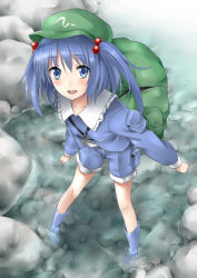 Rule 34 | 1girl, backpack, bad id, bad pixiv id, bag, blue eyes, blue hair, blush, bon, bon (artist), boots, female focus, from above, hair bobbles, hair ornament, hat, kawashiro nitori, key, legs, matching hair/eyes, open mouth, perspective, randoseru, river, rock, rubber boots, short hair, shorts, smile, soaking feet, solo, touhou, twintails, two side up, wading, water