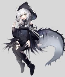 Rule 34 | 1girl, :o, absurdres, ahoge, arknights, bare shoulders, black dress, black footwear, black thighhighs, boots, covered navel, crocodilian tail, detached sleeves, dress, full body, goggles, goggles around neck, grey background, highres, hood, hood up, invisible chair, knee boots, large tail, long hair, long sleeves, looking away, looking to the side, open mouth, silver hair, simple background, sitting, solo, tail, thighhighs, tomimi (arknights), torn clothes, torn thighhighs, yellow eyes, yi74981436