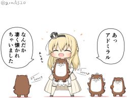 Rule 34 | 1girl, blonde hair, bokukawauso, braid, character doll, chibi, commentary request, corset, crown, dress, closed eyes, flower, french braid, full body, goma (yoku yatta hou jane), kantai collection, long hair, long sleeves, mini crown, off-shoulder dress, off shoulder, open mouth, red flower, red ribbon, red rose, ribbon, rose, simple background, solo, standing, thighhighs, toy, translation request, twitter username, warspite (kancolle), white background, white dress, white thighhighs