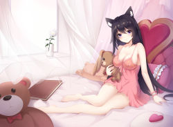 Rule 34 | 1girl, absurdres, animal ears, bare arms, bare legs, bare shoulders, barefoot, bed, black hair, blush, book, breasts, cat ears, character request, chemise, cleavage, copyright request, curtains, dress, flower, hair between eyes, head tilt, highres, holding, holding stuffed toy, indoors, large breasts, long hair, looking at viewer, muyue, pink dress, purple eyes, short dress, sitting, smile, solo, spaghetti strap, stuffed animal, stuffed rabbit, stuffed toy, teddy bear, thighs, very long hair, white flower, window, wrist cuffs