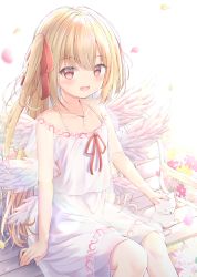Rule 34 | 1girl, :d, angel, angel wings, blonde hair, blush, cat, commentary, commission, dress, english commentary, feathered wings, field, fingernails, flower, flower field, hair ribbon, headpat, highres, jewelry, key, key necklace, liuliu, long hair, looking at viewer, multiple wings, necklace, on bench, open mouth, original, petals, red eyes, red ribbon, ribbon, see-through, see-through sleeves, seraph, sitting, smile, solo, two side up, very long hair, white dress, white wings, wings