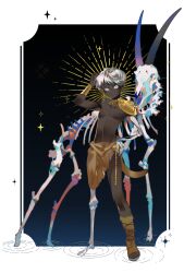 Rule 34 | 1boy, animal skeleton, arm guards, armor, blue background, border, dark-skinned male, dark skin, deer, earrings, exposed bone, gold, gradient background, halo, hand on own head, hand on own hip, hand up, highres, jewelry, leg wrap, loincloth, looking at viewer, male focus, navel, neck ring, necklace, no nipples, original, outside border, pelt, ripples, sandals, short hair, shoulder armor, single earring, solo, ssbaby, topless male, white eyes, white hair