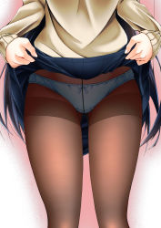 Rule 34 | 1girl, absurdres, black hair, black pantyhose, blue skirt, bow, bow panties, brown sweater, clothes lift, crotch seam, gluteal fold, highres, lifting own clothes, long hair, lower body, original, panties, panties under pantyhose, pantyhose, school uniform, skirt, skirt lift, solo, sumeragi tomo, sweater, thighband pantyhose, thighs, underwear