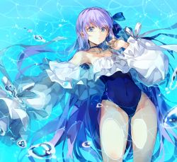 Rule 34 | 1girl, armpits, bare shoulders, blue choker, blue eyes, blue one-piece swimsuit, blue ribbon, breasts, casual one-piece swimsuit, choker, cleavage, collarbone, commentary request, covered navel, fate/grand order, fate (series), frilled sleeves, frilled swimsuit, frills, groin, hair ribbon, highleg, highleg swimsuit, highres, long hair, long sleeves, looking at viewer, lying, maza, meltryllis, meltryllis (fate), meltryllis (swimsuit lancer) (fate), meltryllis (swimsuit lancer) (second ascension) (fate), on back, one-piece swimsuit, partially submerged, puffy long sleeves, puffy sleeves, purple hair, ribbon, sleeves past wrists, small breasts, solo, swimsuit, thigh gap, very long hair, water, water drop