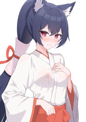 Rule 34 | 1girl, absurdres, animal ear fluff, animal ears, black hair, blue archive, blush, breasts, cat ears, covered erect nipples, hakama, hand on own chest, highres, ikurage (namakurage 13), japanese clothes, kimono, long hair, looking at viewer, medium breasts, miko, nose blush, official alternate costume, petal print, ponytail, red eyes, red hakama, see-through, serika (blue archive), serika (new year) (blue archive), skirt, solo, very long hair, white kimono, wide sleeves