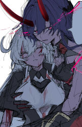 Rule 34 | 2girls, absurdres, black gloves, blank speech bubble, blood, blood on arm, blood on face, breasts, chinese commentary, closed eyes, commentary request, gloves, grabbing, grabbing another&#039;s breast, highres, honkai (series), honkai impact 3rd, horns, kiana kaslana, kiana kaslana (void drifter), large breasts, long hair, mixed-language commentary, moonsun77773, multiple girls, pink eyes, purple hair, raiden mei, raiden mei (herrscher of thunder), shirt, simple background, speech bubble, sweat, upper body, white background, white hair, white shirt, yuri