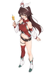 Rule 34 | 1girl, :d, absurdres, alternate costume, amber (genshin impact), asymmetrical legwear, bare shoulders, boots, breasts, brown eyes, brown hair, brown shorts, detached sleeves, food, from above, gdd (vkejr702), genshin impact, hair between eyes, hair ribbon, highres, holding, holding food, long hair, long sleeves, medium breasts, midriff, navel, open mouth, red shirt, red thighhighs, ribbon, shirt, short shorts, shorts, simple background, single thighhigh, smile, solo, standing, thigh strap, thighhighs, white background, white footwear, white ribbon
