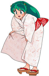 Rule 34 | 1girl, geta, green hair, horns, japanese clothes, kimono, long hair, lum, oni, sandals, simple background, solo, standing, tagme, urusei yatsura, white background