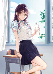 Rule 34 | 1girl, black hair, blouse, blue skirt, blush, bottle, classroom, curtains, day, hair between eyes, indoors, long hair, looking at viewer, original, parted lips, pleated skirt, rimo, see-through, shirt, skirt, solo, towel, towel around neck, uniform, water bottle, wet, wet clothes, window, yellow eyes