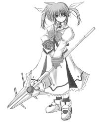 Rule 34 | 00s, 1girl, boots, bow, fingerless gloves, full body, gloves, greyscale, looking at viewer, lyrical nanoha, magazine (weapon), magical girl, mahou shoujo lyrical nanoha, mahou shoujo lyrical nanoha a&#039;s, monochrome, polearm, raising heart, raising heart (exelion mode), short hair, simple background, smile, solo, standing, takamachi nanoha, takamachi nanoha (sacred mode), twintails, weapon, white devil, zero point