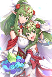 Rule 34 | absurdres, bouquet, bridal veil, bride, dress, fire emblem, fire emblem: mystery of the emblem, fire emblem awakening, fire emblem heroes, flower, gonzarez, green eyes, green hair, hair ornament, highres, holding, holding bouquet, long hair, looking at viewer, nintendo, official alternate costume, open mouth, pointy ears, ponytail, smile, tiki (adult) (fire emblem), tiki (fire emblem), tiki (young) (fire emblem), veil, wedding, wedding dress, white dress