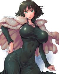 Rule 34 | 1girl, amania orz, black hair, blunt bangs, breasts, cleavage, coat, commentary request, covered navel, dress, fubuki (one-punch man), green eyes, hand on own hip, highres, jewelry, large breasts, necklace, one-punch man, open mouth, short hair, solo
