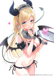 Rule 34 | 1girl, absurdres, arched back, bare shoulders, bikini, black bikini, black horns, blonde hair, blue eyes, breasts, cleavage, commentary request, cowboy shot, demon horns, demon tail, demon wings, detached collar, detached sleeves, frilled bikini, frills, green eyes, groin, headdress, heart, highres, holding, holding tray, hololive, horn ornament, horns, long hair, looking at viewer, maid, maid bikini, maid headdress, medium breasts, multicolored eyes, navel, pointy ears, side-tie bikini bottom, sidelocks, smile, solo, spoken heart, stomach, string bikini, swimsuit, tail, teltelhousi, thighs, tongue, tongue out, tray, unconventional maid, virtual youtuber, wings, wrist cuffs, yuzuki choco