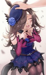 Rule 34 | 1girl, animal ears, black headwear, black thighhighs, blue dress, blue flower, blue rose, blush, brown hair, closed eyes, crying, dagger, dress, feet out of frame, flower, hair over one eye, hat, hat flower, highres, horse ears, horse girl, horse tail, knife, long hair, long sleeves, off-shoulder dress, off shoulder, open mouth, rice shower (umamusume), rose, sayuuiede, sheath, sheathed, solo focus, tail, thighhighs, tilted headwear, umamusume, weapon
