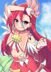 Rule 34 | 1girl, aqua hair, blue background, clenched hand, crop top, cure flamingo, earrings, feather earrings, feathers, fingerless gloves, gloves, grin, heart, heart in eye, highres, jewelry, long hair, looking at viewer, magical girl, multicolored hair, namamoto, pouch, precure, purple eyes, red hair, red skirt, single earring, skirt, smile, solo, streaked hair, symbol in eye, takizawa asuka, tropical-rouge! precure, upper body, v, white gloves