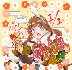 Rule 34 | 1girl, 2023, :d, animal ears, assault lily, blue eyes, blunt bangs, brown hair, capelet, character print, commentary request, earmuffs, egasumi, fake animal ears, floral print, flower, fur-trimmed capelet, fur-trimmed sleeves, fur trim, hagoita, hands up, happy new year, hitotsuyanagi riri, holding, holding paddle, kaede johan nouvel, light particles, long hair, long sleeves, looking at viewer, new year, open mouth, orange flower, own hands together, paddle, pink flower, rabbit earmuffs, rabbit ears, red flower, sakuramon, shindo, sidelocks, smile, solo, tassel, upper body, wavy hair, yellow background, yellow capelet