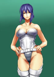 Rule 34 | 1girl, bad id, bad pixiv id, breasts, cameltoe, cleavage, delta zone, ghost in the shell, ghost in the shell stand alone complex, green background, hand on own hip, hip focus, kusanagi motoko, leotard, purple hair, solo, standing, strapless, thighhighs