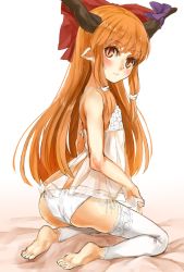 Rule 34 | 1girl, ass, bare shoulders, barefoot, bow, brown eyes, feet, flat chest, full body, hair bow, highres, horn bow, horn ornament, horns, ibuki suika, kneeling, lingerie, long hair, looking at viewer, looking to the side, negligee, nishiuri, orange hair, panties, pointy ears, see-through, side-tie panties, slit pupils, soles, solo, thighhighs, toes, touhou, underwear, underwear only, white background, white panties, white thighhighs