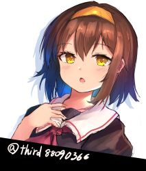 Rule 34 | 1girl, black serafuku, brown eyes, brown hair, commentary request, hairband, hand on own chest, highres, kantai collection, looking at viewer, o-sirius, orange hairband, sailor collar, school uniform, serafuku, shiratsuyu (kancolle), short hair, simple background, solo, twitter username, white background, white sailor collar
