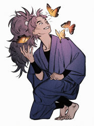 Rule 34 | 1boy, arm guards, barefoot, bug, butterfly, flock, full body, grey hair, hair tubes, hand up, high ponytail, highres, ine (zx o4), insect, japanese clothes, long hair, looking at animal, looking away, looking back, male focus, ninja, on one knee, pants, ponytail, purple pants, rakudai ninja rantarou, sash, shin guards, simple background, smile, solo, takeya hachizaemon, white background
