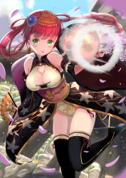 Rule 34 | 1girl, absurdres, blush, boots, breasts, cannon, cherry blossoms, cleavage, day, detached sleeves, earrings, floral print, flower, green eyes, hair flower, hair ornament, highres, jewelry, long hair, multicolored hair, obi, outdoors, red hair, rock, sash, sengoku fubu, standing, standing on one leg, streaked hair, thigh boots, thighhighs, tongue, tongue out, twintails, wanderlucia, wide sleeves