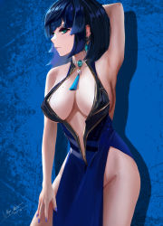 Rule 34 | 1girl, absurdres, adapted costume, arm at side, arm behind head, arm up, armpits, bead choker, blue background, blue dress, blue hair, breasts, choker, closed mouth, contrapposto, diagonal bangs, dice, dress, earrings, evening gown, gem, genshin impact, gold trim, green eyes, groin, highres, jewelry, large breasts, lips, looking away, looking to the side, meginalter, mole, mole on breast, nail polish, pelvic curtain, plunging neckline, purple nails, shadow, short hair, side slit, sideboob, signature, solo, tassel, thighs, white choker, yelan (genshin impact)