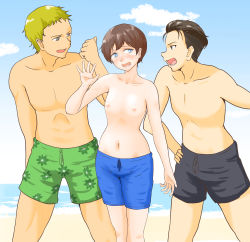 Rule 34 | 1girl, 2boys, absurdres, beach, black eyes, black hair, black male swimwear, black swim trunks, blonde hair, blue eyes, blue male swimwear, blue sky, blue swim trunks, blush, breasts, brown hair, character sheet, cloud, crossdressing, drawstring, feet out of frame, flat chest, green male swimwear, green swim trunks, grey eyes, highres, leaf print, looking at another, looking at viewer, looking to the side, lower teeth only, male swimwear, male swimwear challenge, mashalxxxxxx, multiple boys, nipples, ocean, open mouth, original, print male swimwear, print swim trunks, print swimsuit, reverse trap, sand, short hair, sky, standing, swim trunks, swimsuit, teeth, topless, topless male, water, waving