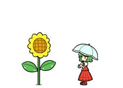 Rule 34 | 1girl, comic, dora ita, flower, green hair, kazami yuuka, plaid, plaid skirt, short hair, silent comic, simple background, skirt, sunflower, touhou, umbrella