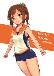 Rule 34 | 10s, 1girl, brown eyes, brown hair, dated, hayate (pixiv1185845), i-401 (kancolle), kantai collection, mizunashi hayate, ponytail, sailor collar, short ponytail, smile, solo, standing, swimsuit, swimsuit under clothes, twitter username